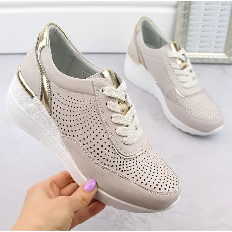 Chaussures compensées de sport en cuir pour femme, confortables, beiges S.Barski LR725