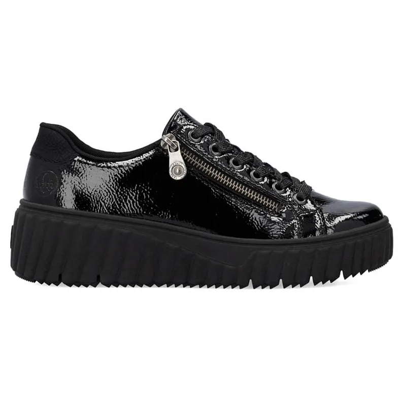Chaussures compensées femme en cuir verni noir Rieker N2501-00 le noir