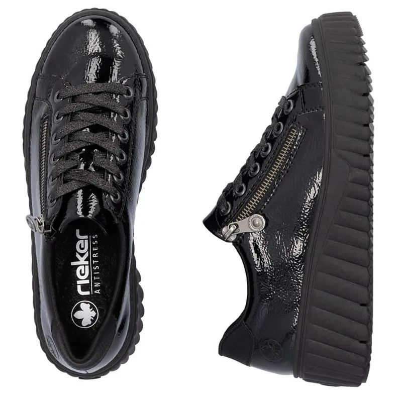 Chaussures compensées femme en cuir verni noir Rieker N2501-00 le noir