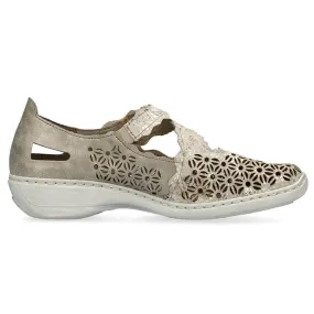 Chaussures confortables en cuir ajouré pour femme avec velcro, métallisé Rieker 413G4-90 beige
