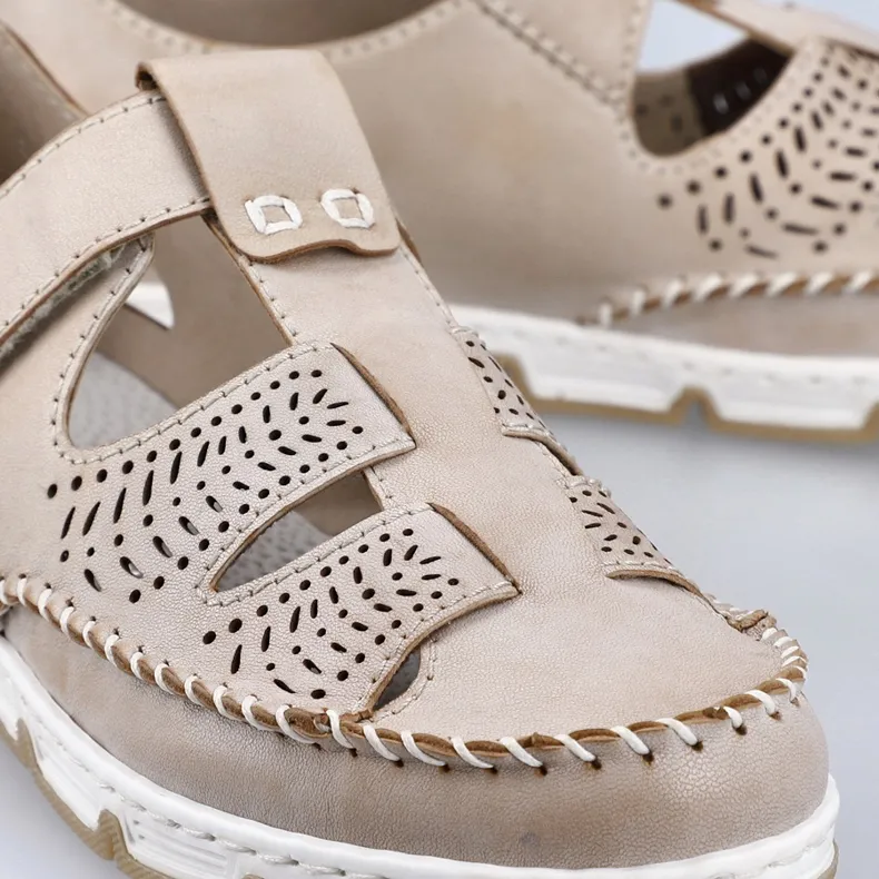 Chaussures femme en cuir ajouré avec velcro, beige Rieker 49958-61